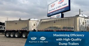 Dump trailer in a parking lot. Maximizing efficiency with high-quality dump trailers. Royal Truck & Utility Trailer.