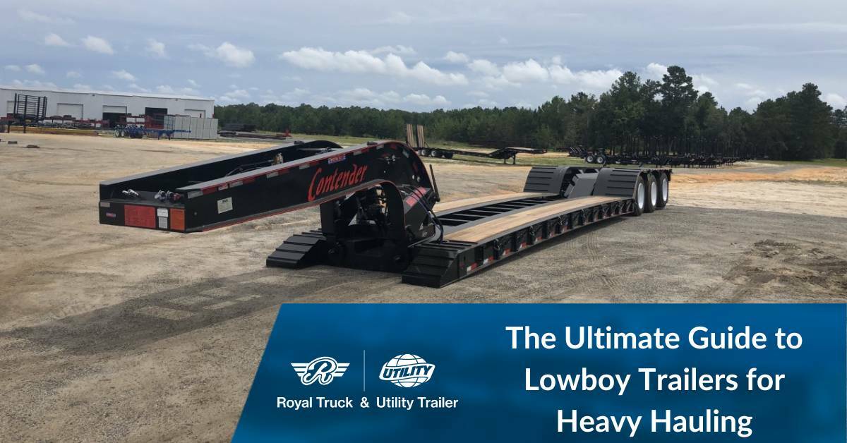 Lowboy Trailer sitting in empty lot. The ultimate guide to lowboy trailers for heavy hauling. Royal Truck & Utility Trailer