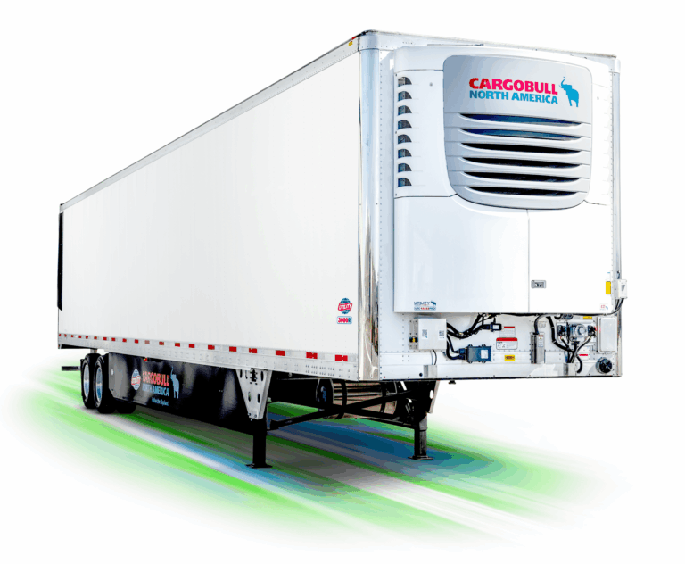 A three-quarter angle view of a white Utility 3000R trailer equipped with a Cargobull North America refrigeration unit at the rear. The trailer is elevated on landing legs, with an emphasis on the sleek branding and green and blue light streak effects below, conveying a sense of efficiency and sustainability.