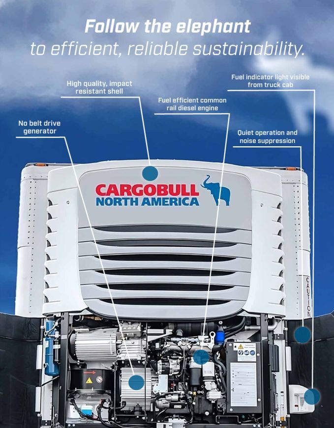 Open Cargobull North America refrigerated unit displaying internal components, annotated with features such as fuel efficient diesel engine, impact resistant shell, no belt drive generator, quiet operation, and a fuel indicator light.